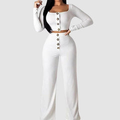 Buttoned Square Collar Top & Wide Leg Pant Set