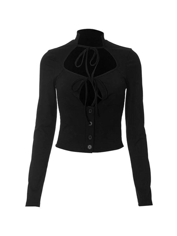Solid Cutout Tie Front Long Sleeve Knit