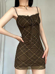 Vintage Plaid Drawstring Tie Mesh Halter Dress