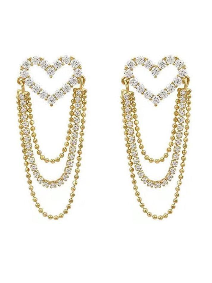 Tassel Chain Rhinestone Heart Earring