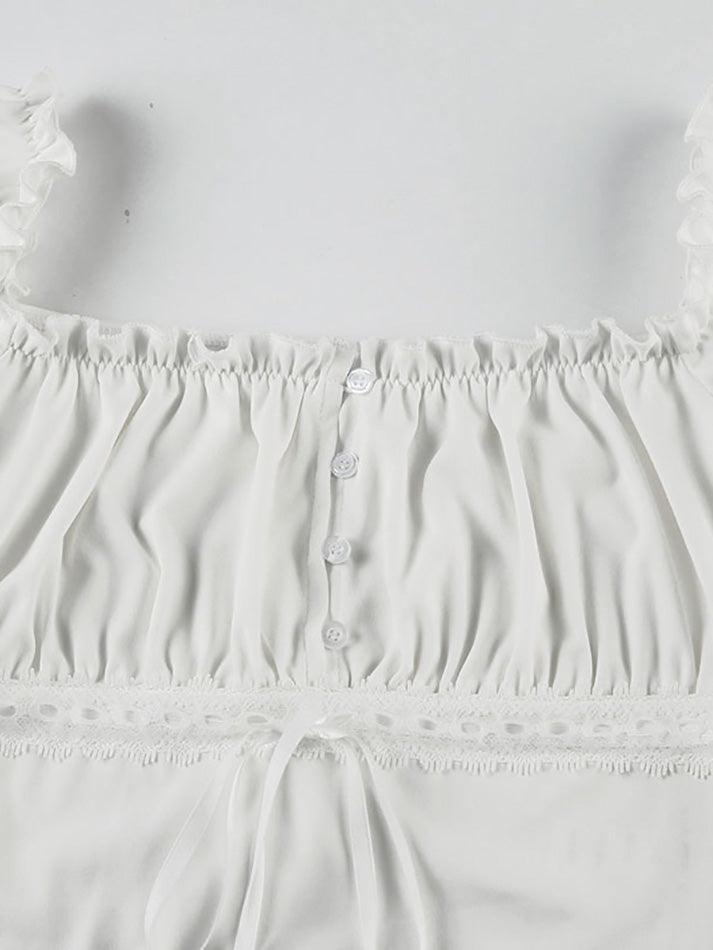 Ruffle Tie Solid White Bubble Sleeve Tee