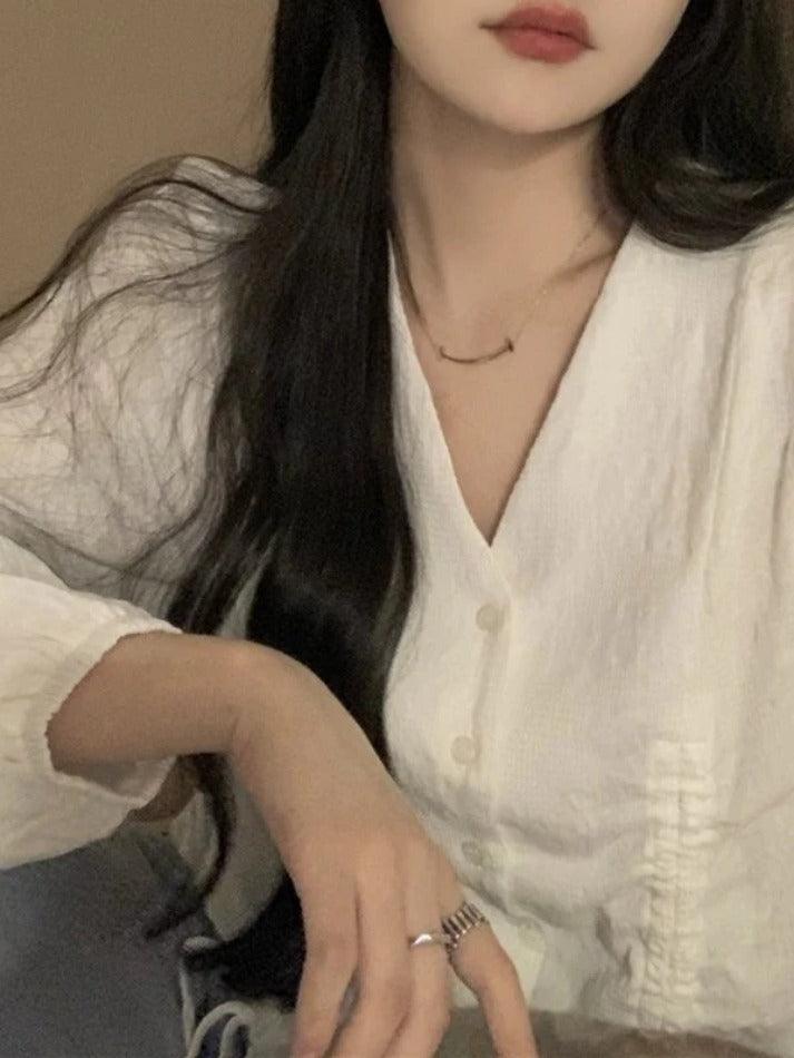 Lace Up Button Front Long Sleeve Blouse
