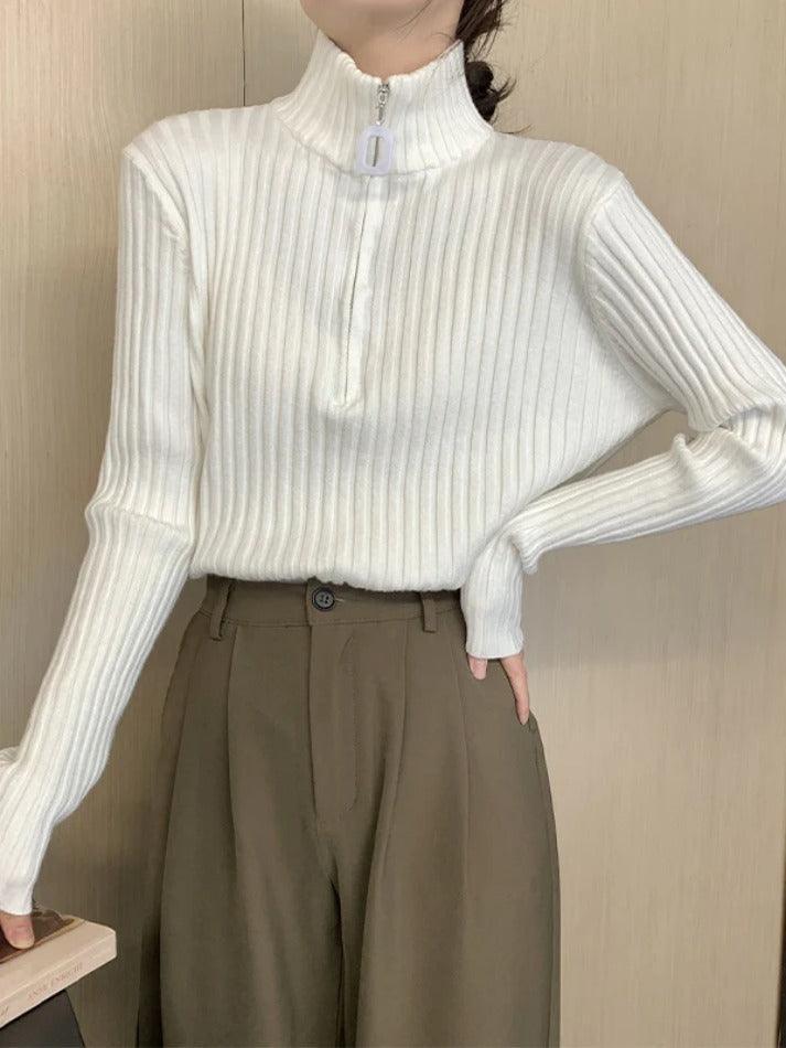 Solid Half Zip Ribbed Knit Sweater