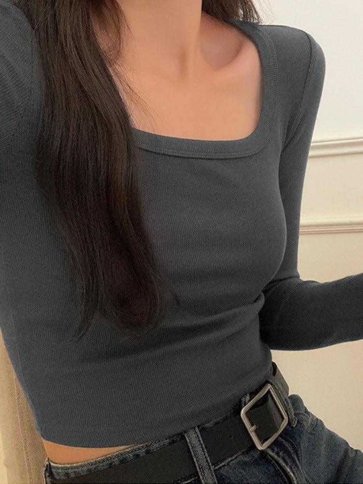 Solid Square Neck Rib Slim Long Sleeve Knit