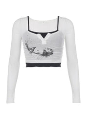Butterfly Print Square Neck Ruched Crop Long Sleeve Knit