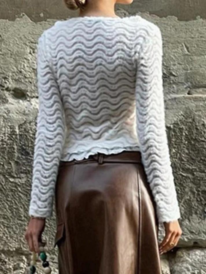 Wavy Pattern V Neck Tie Front Long Sleeve Knit
