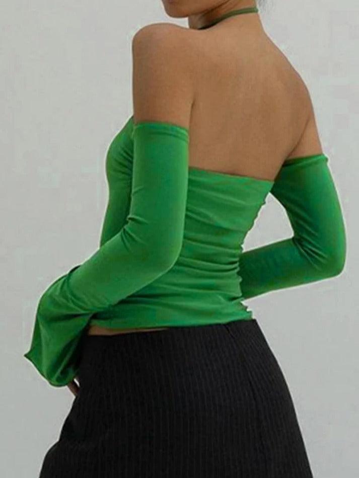 Solid Halter Off Shoulder Long Sleeve Tee