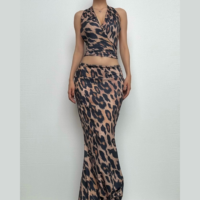 Leopard print halter ruched backless maxi skirt set