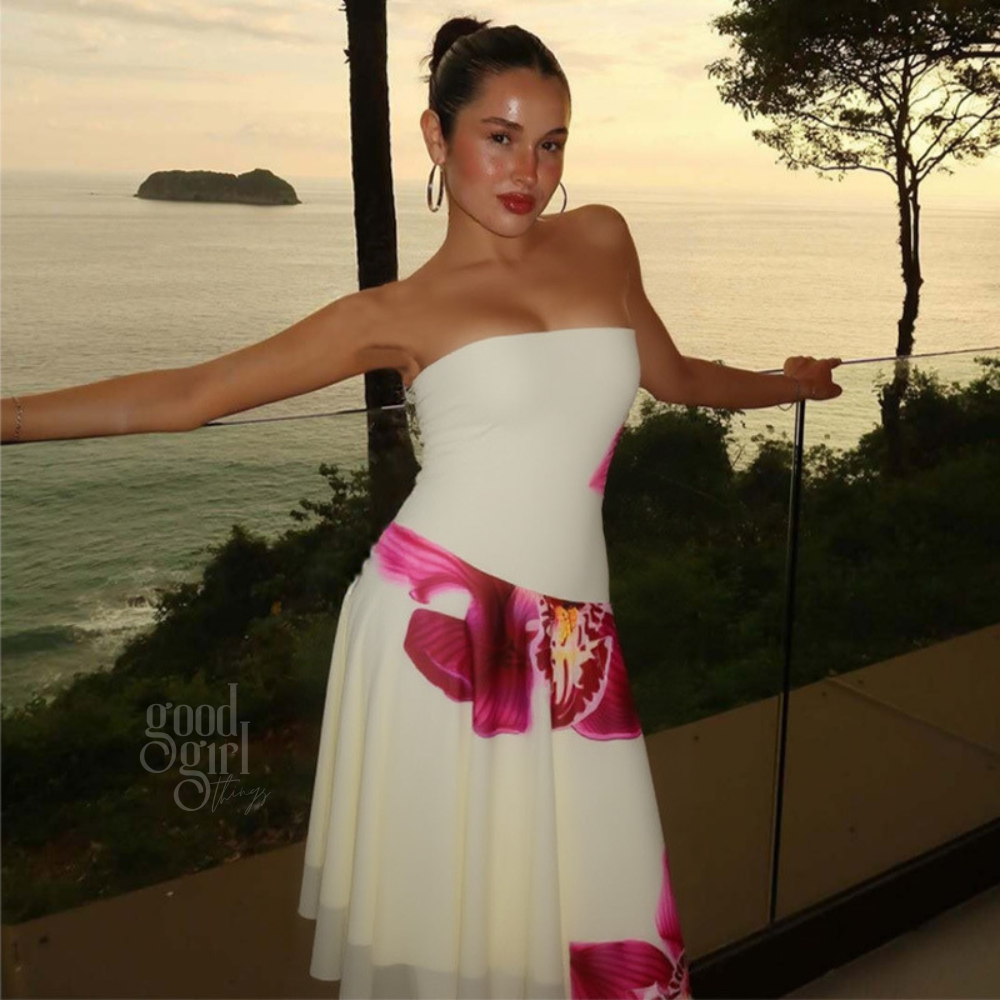 Tyra Orchid Print Strapless Midi Dress