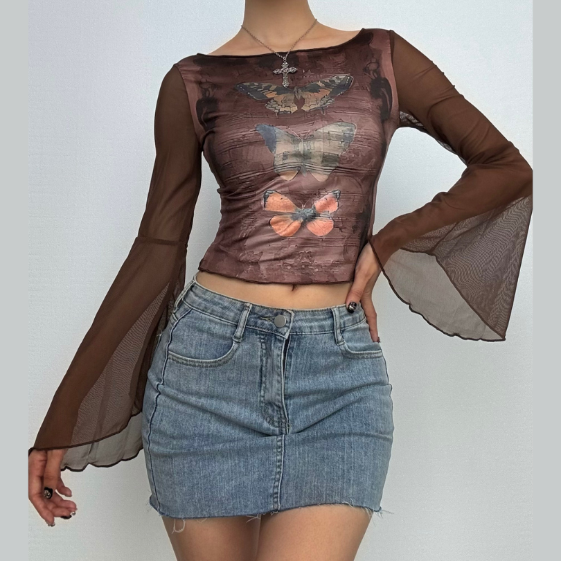 Long flared sleeve mesh patchwork butterfly pattern top
