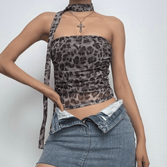 Leopard print ruched mesh 2 piece tube top