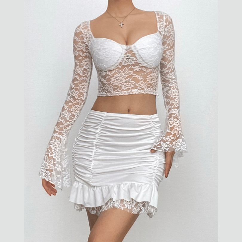 Long flared sleeve sweetheart neck lace ruched ruffle mini skirt set