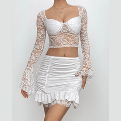 Long flared sleeve sweetheart neck lace ruched ruffle mini skirt set