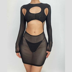 Long sleeve hollow out sheer mesh see through cut out mini dress
