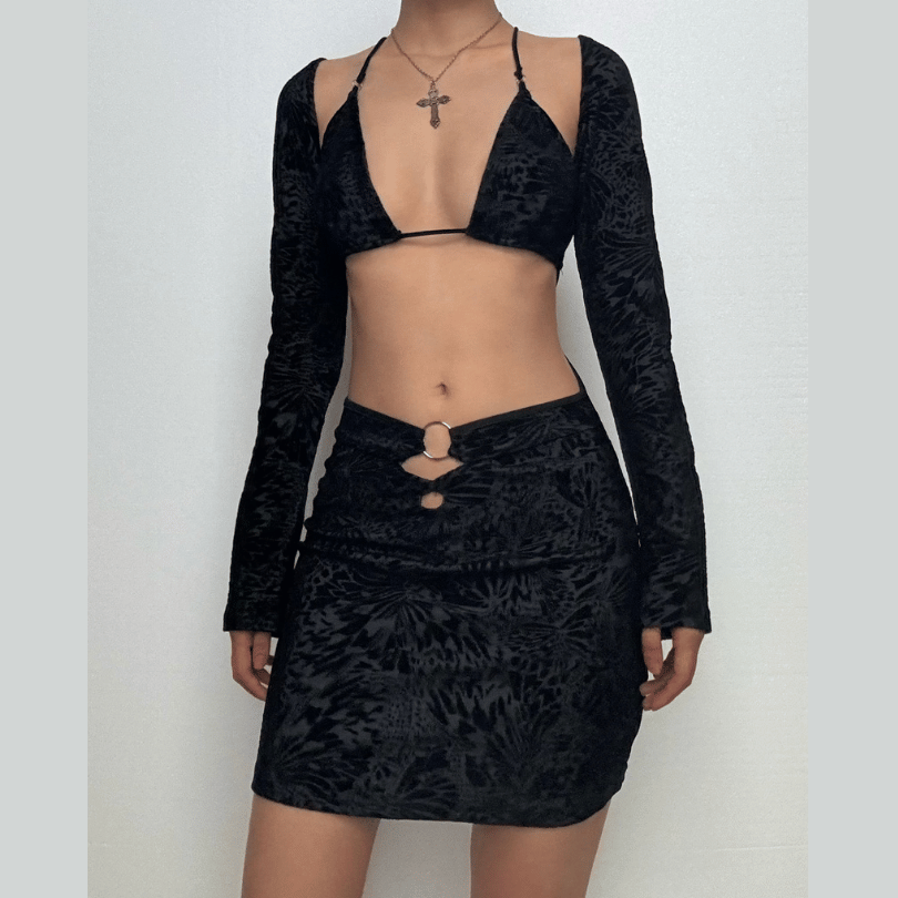 Long sleeve butterfly print o ring 2 piece mini dress