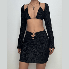 Long sleeve butterfly print o ring 2 piece mini dress