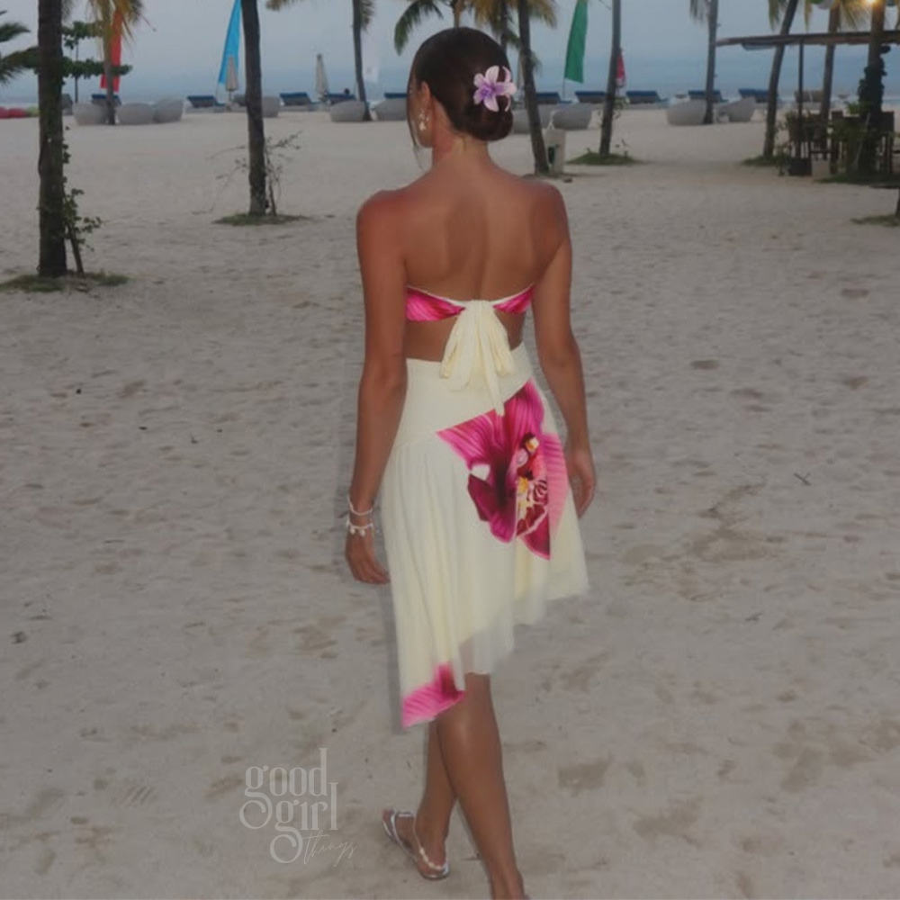 Tyra Orchid Print Strapless Midi Dress