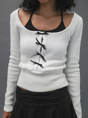 Contrast Bow Cutout Halter Two Piece Long Sleeve Tee