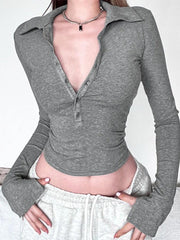 Solid Lapel Neck Breasted Long Sleeve Tee
