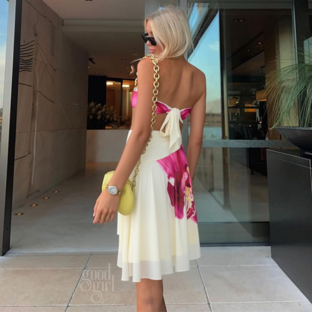Tyra Orchid Print Strapless Midi Dress