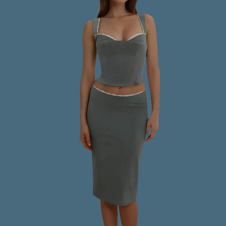 Spliced Lace Top Low Waist Midi Skirt Suits