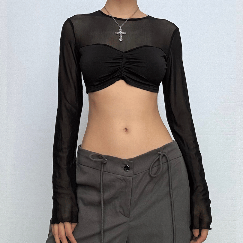 Long sleeve crewneck mesh ruched crop top