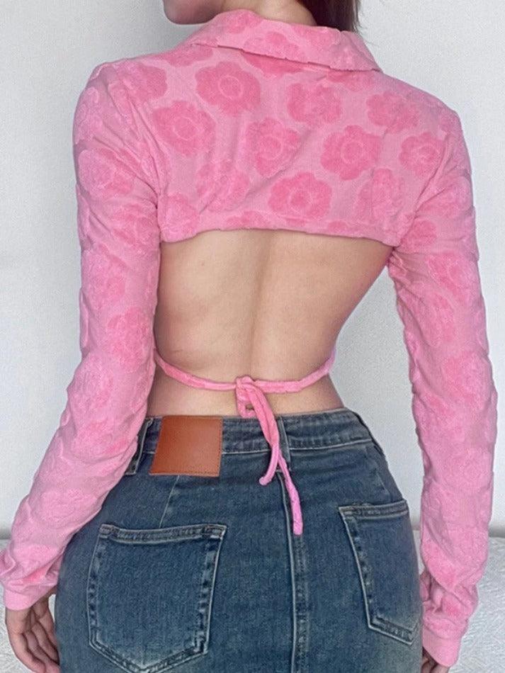 Velvet Floral Print Backless Lacing Crop Long Sleeve Tee