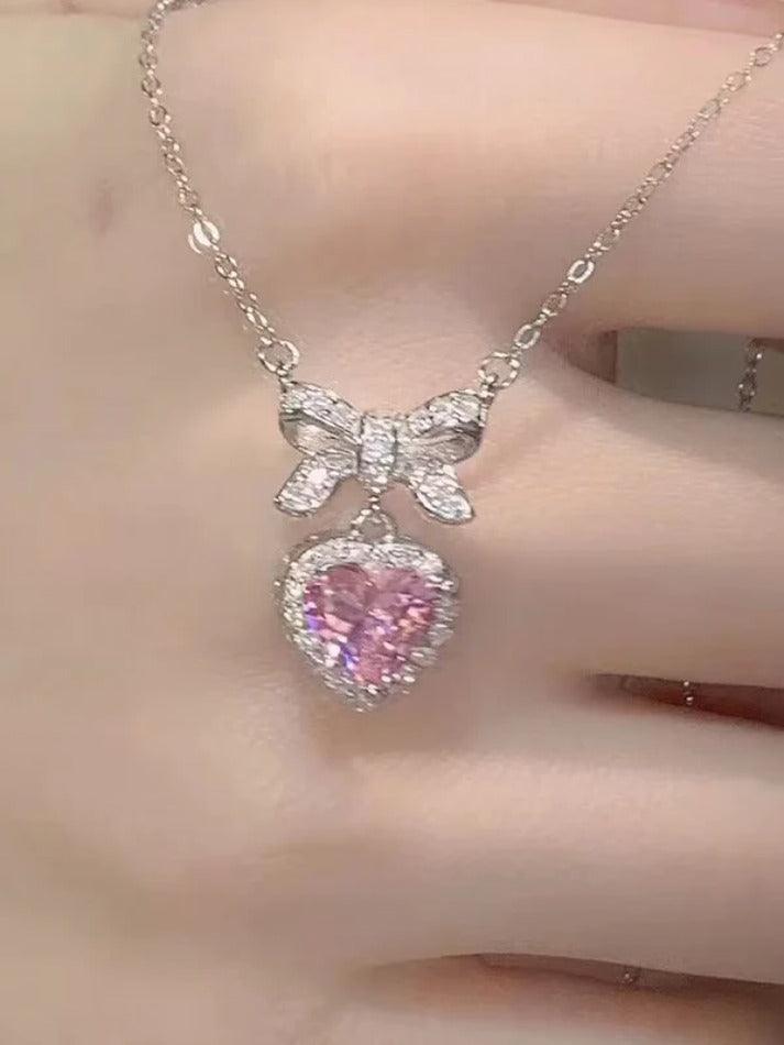 Sweet Glittering Bow Pink Heart Pendant Necklace