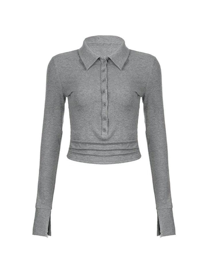 Solid Lapel Neck Breasted Long Sleeve Tee