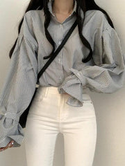 Stripe Lantern Sleeve Long Sleeve Blouse