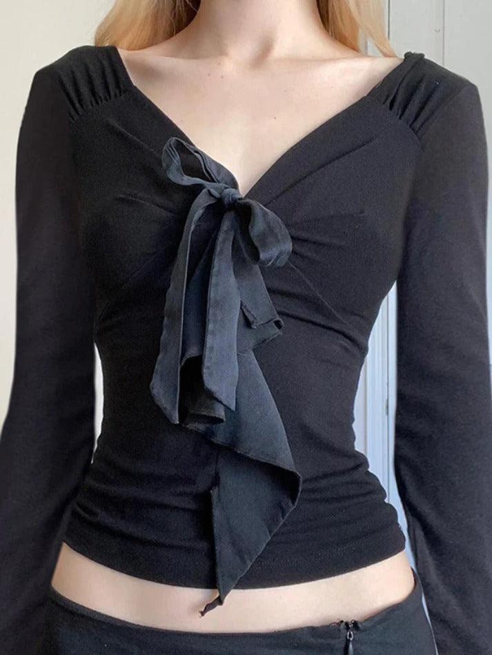 V Neck Tie Up Bow Long Sleeve Tee