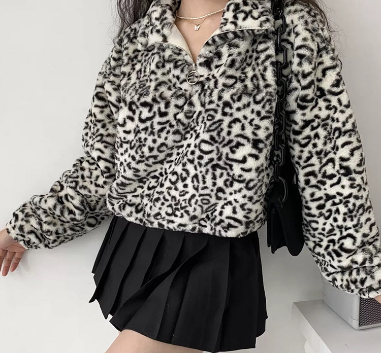 Leopard Plush Drawstring Coat