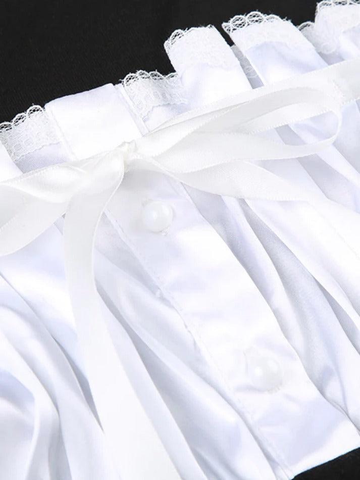 Splice Bow Square Neck Fake Two Piece Long Sleeve Tee