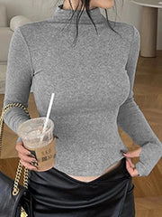 Solid Mock Neck Curvy Hem Long Sleeve Tee