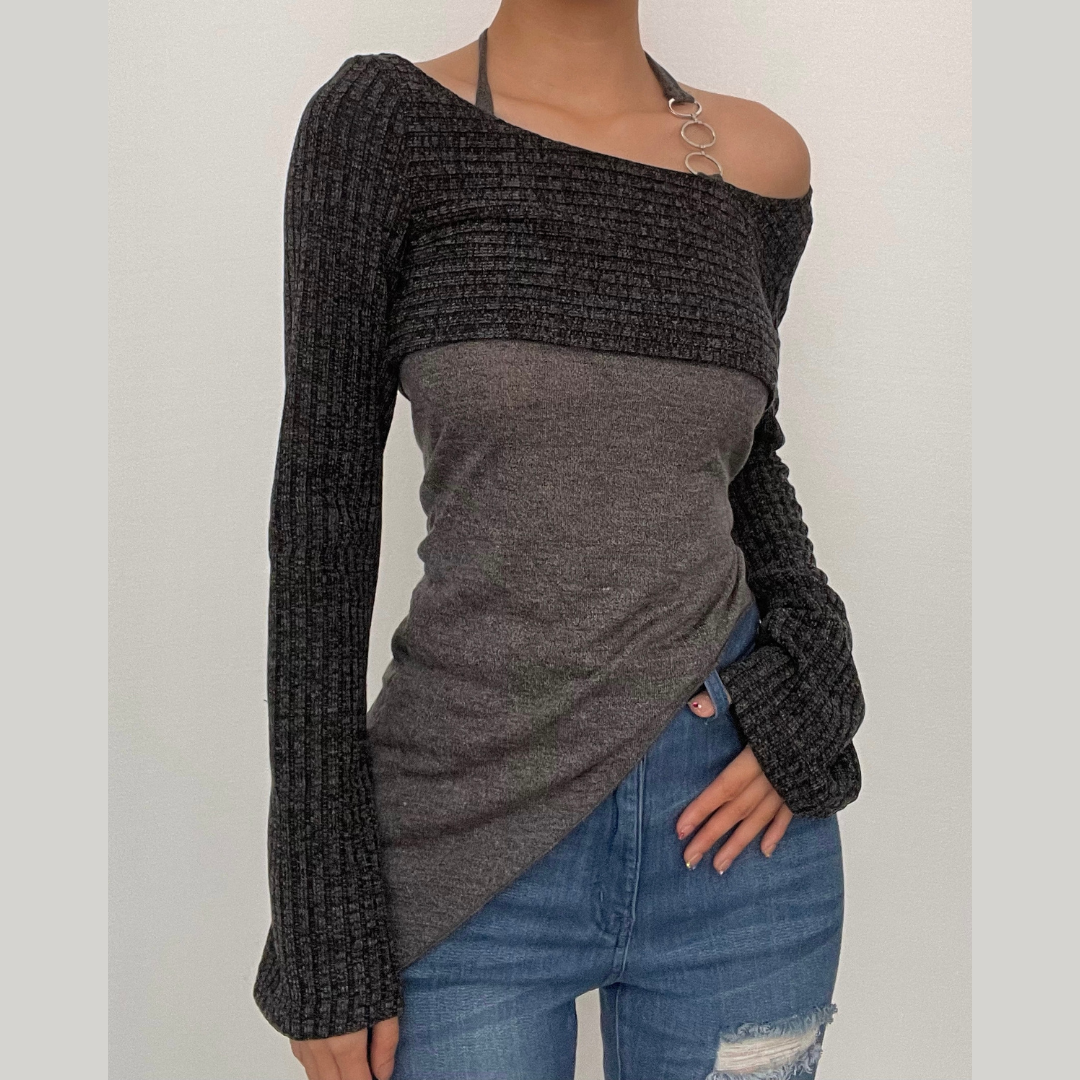 Long sleeve contrast halter o ring self tie irregular 2 piece crop top - Final Sale