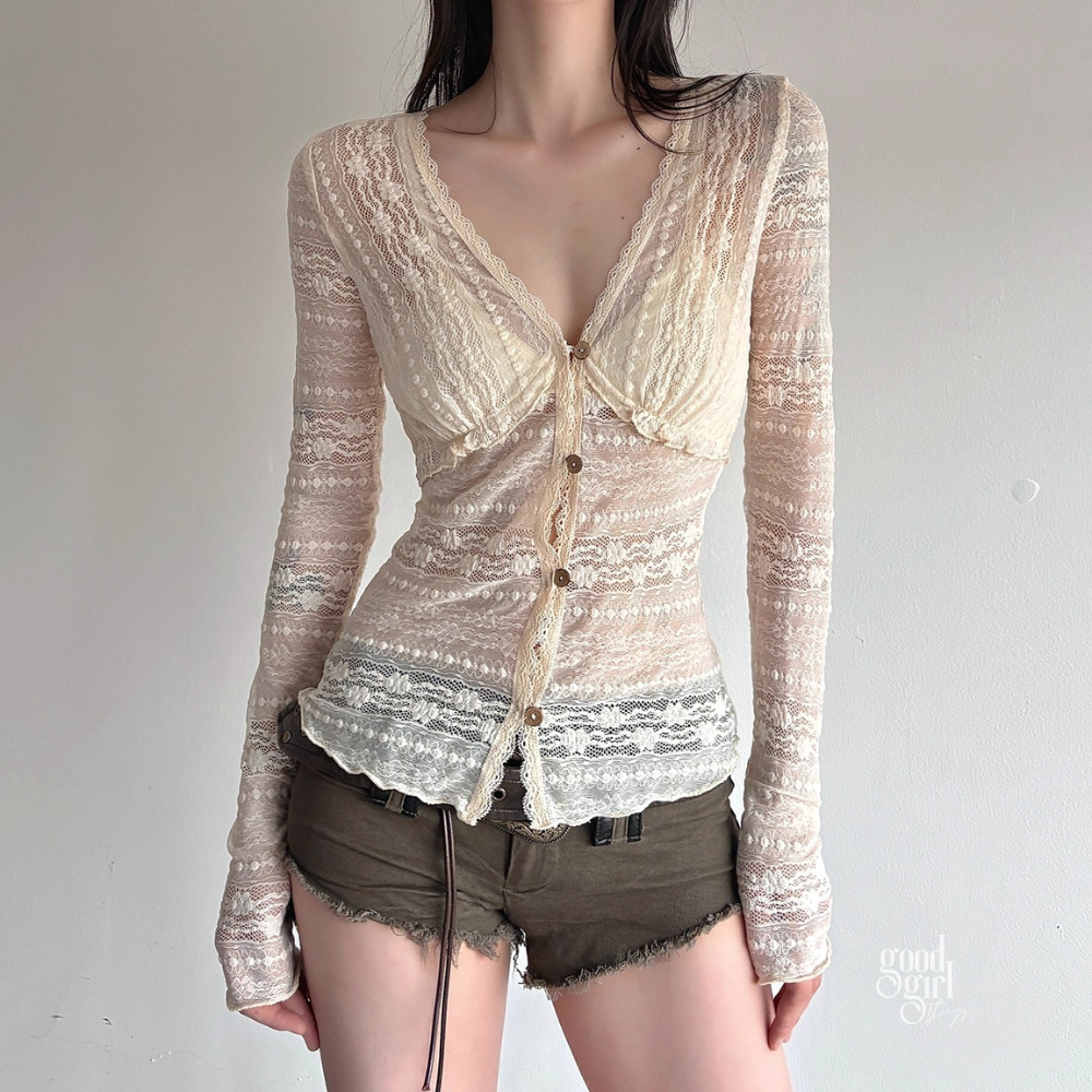 Ivie Button-Up Sheer Long Sleeve Top