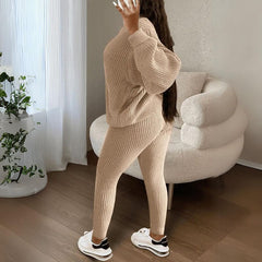 Solid Color Knit Pullover & Pants Set