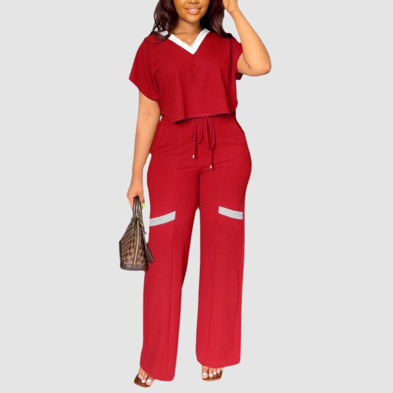 V-neck Color Contrast Tee & Wide Leg Pants Set