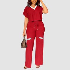 V-neck Color Contrast Tee & Wide Leg Pants Set