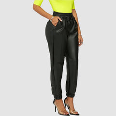 Solid Color Drawstring PU Pants