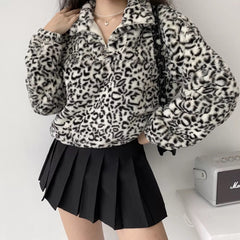 Leopard Plush Drawstring Coat