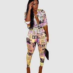 Newspaper Pattern Printed Shirt Pant Set