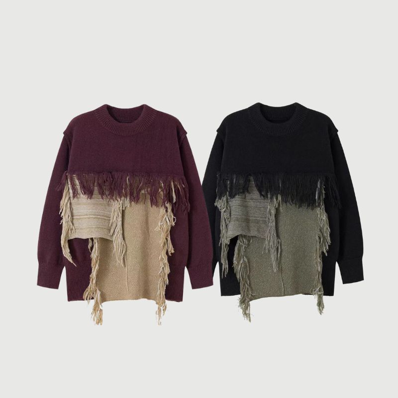 Color Block Fringe Knit Sweater