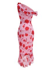 Gemma One-Shoulder Rose Print Midi Dress