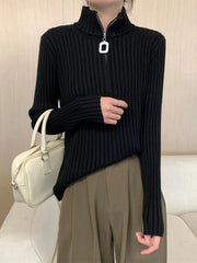 Solid Half Zip Ribbed Knit Sweater