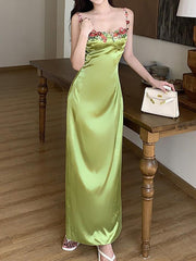 Sexy Spaghetti Strap Floral Satin Maxi Dress