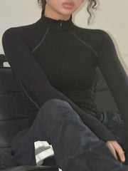 Solid Seam Detail Mock Neck Slim Long Sleeve Tee
