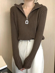 Solid Half Zip Ribbed Knit Sweater