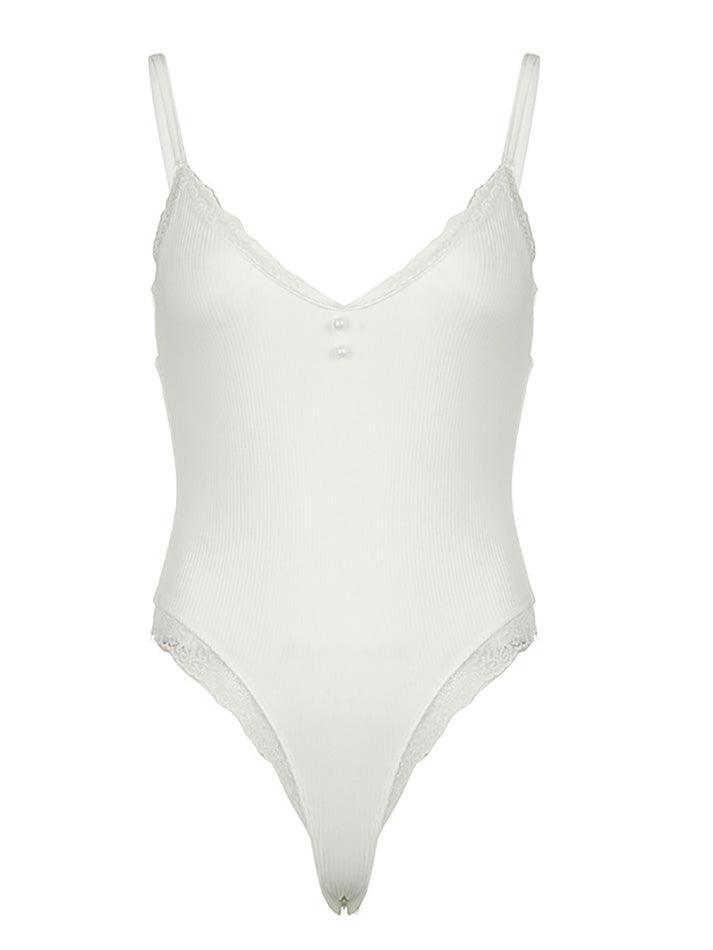 Spaghetti Strap V-Neck Lace-Trim Bodysuit Top