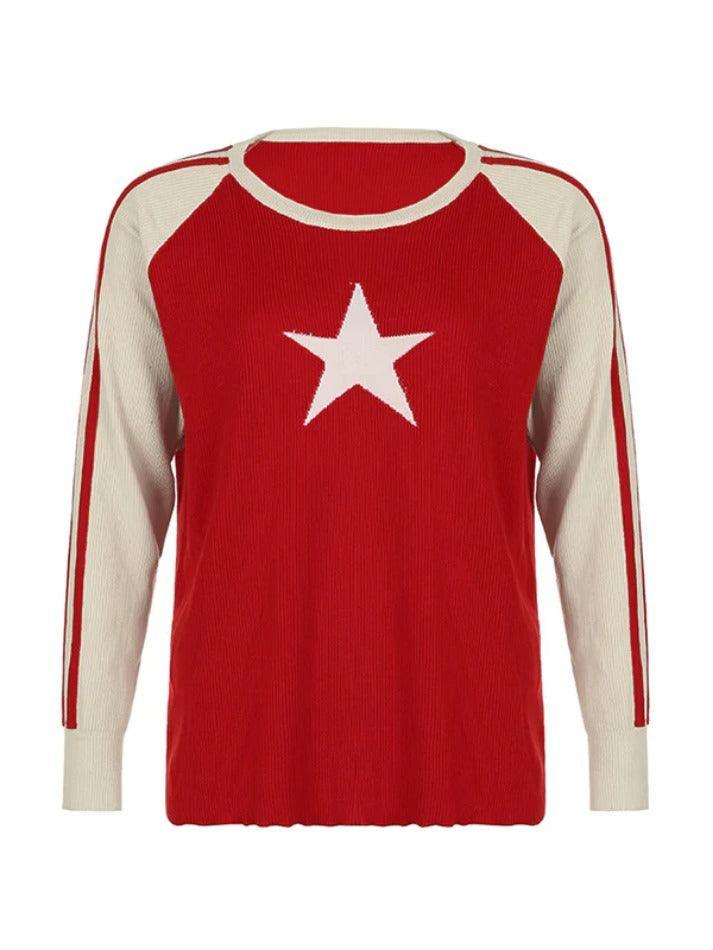 Vintage Contrast Color Star Raglan Sweater